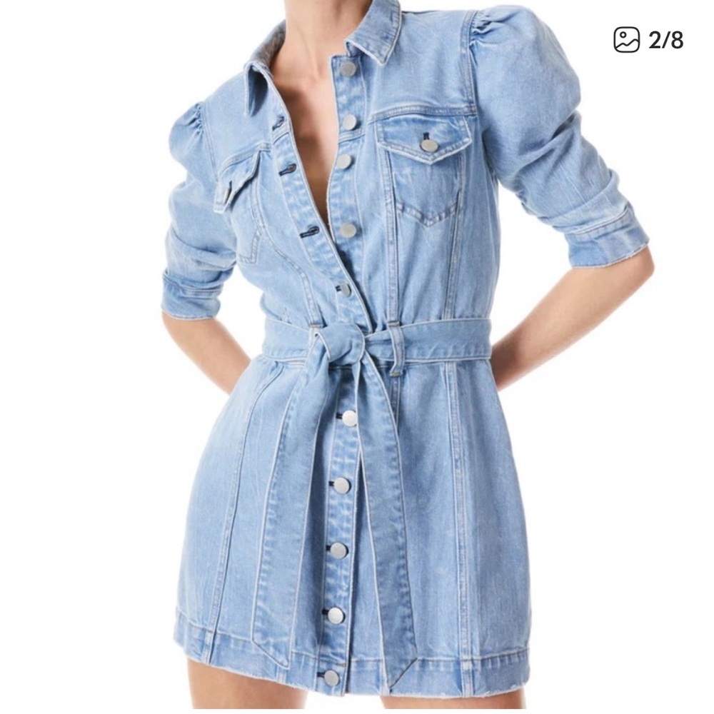 Alice + Olivia Denim Mini Dress Magali Ruched Puff Sleeve Belted Denim Dress